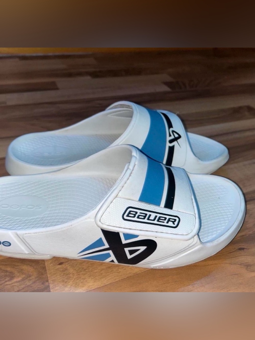 Bauer White and Light Blue Oofo slides